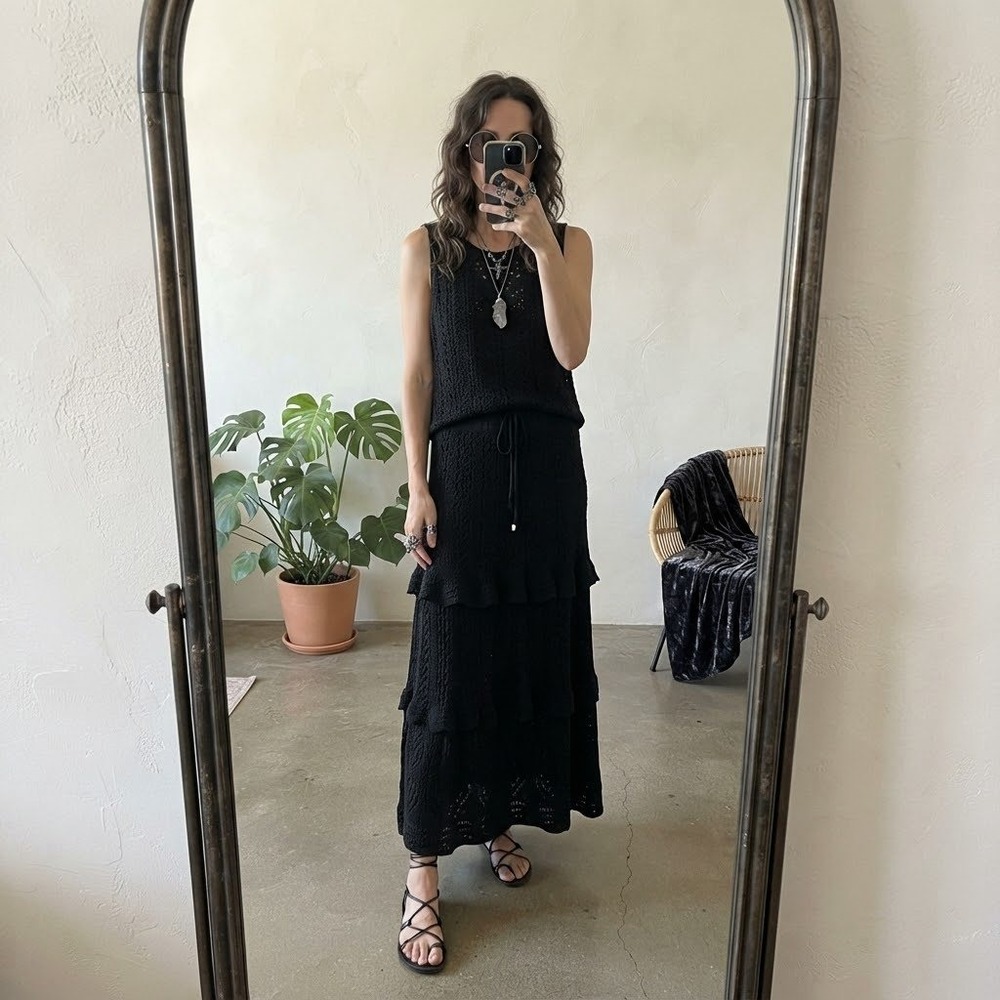 Solitaire Womens Black Crochet Knit 2 Pc Tiered Maxi Skirt Set M Vacation Goth